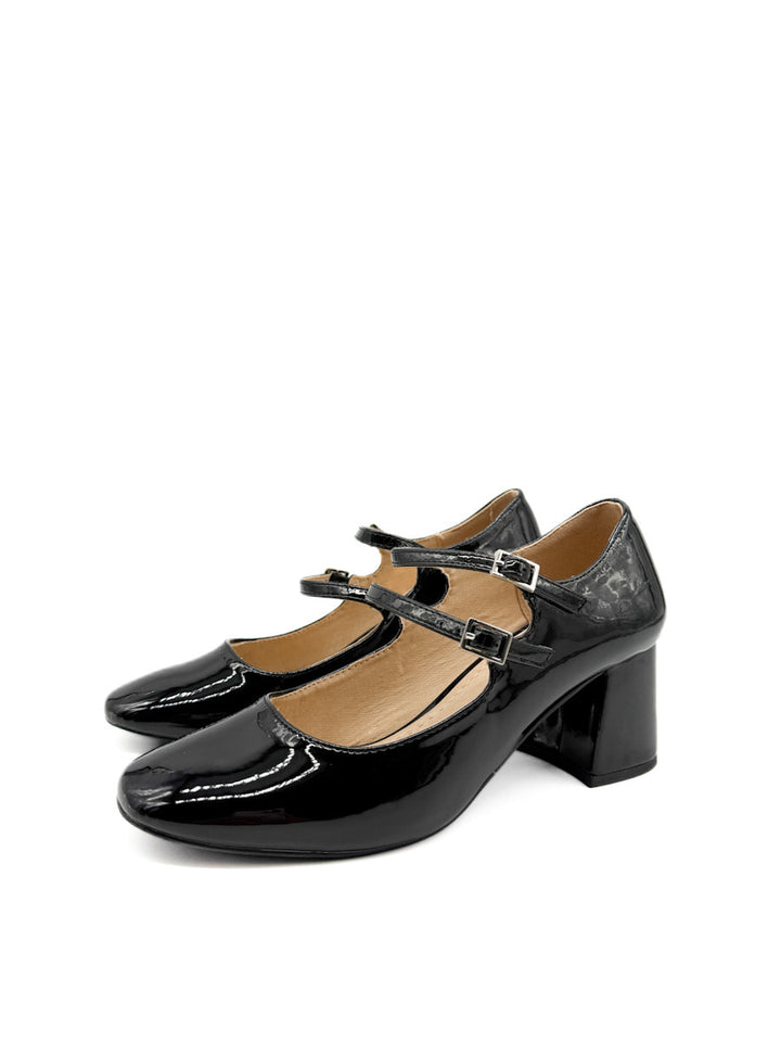 Zapatos Mary Jane de Charol Negro con Tacón Cuadrado Corina M5755
