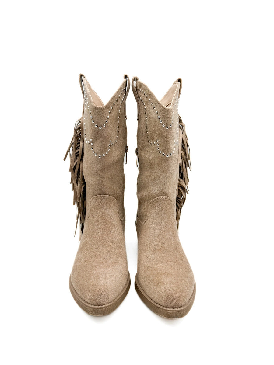 Bota cowboy de antelina color kahki con bordado