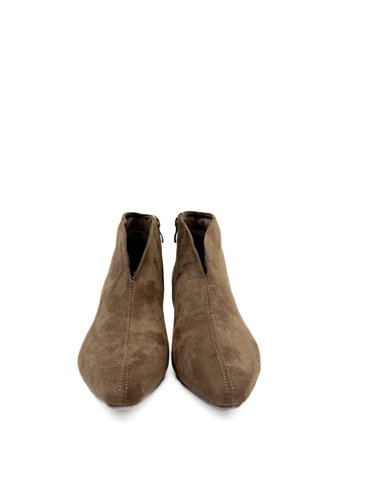 Botines de Ante Sintético con Escote en V, Tacón Ancho y Puntera Fina