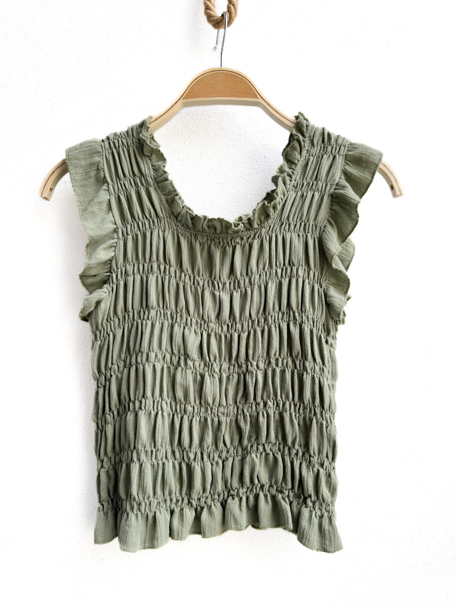 Blusa Sin Mangas Fruncida con Volantes