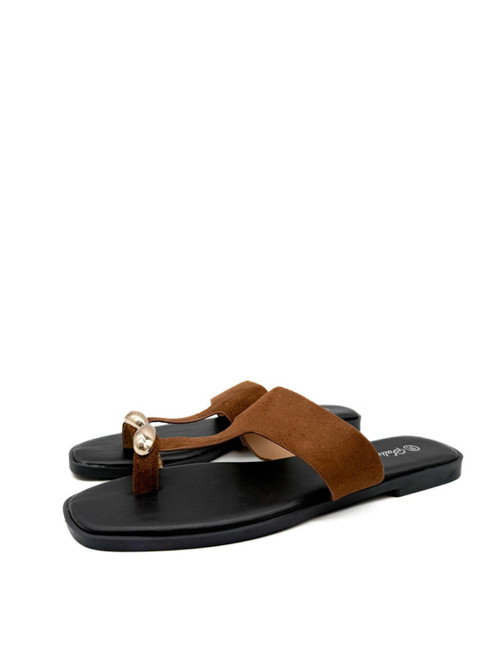 Sandalias Planas Antelina de Dedo con Detalle Dorado