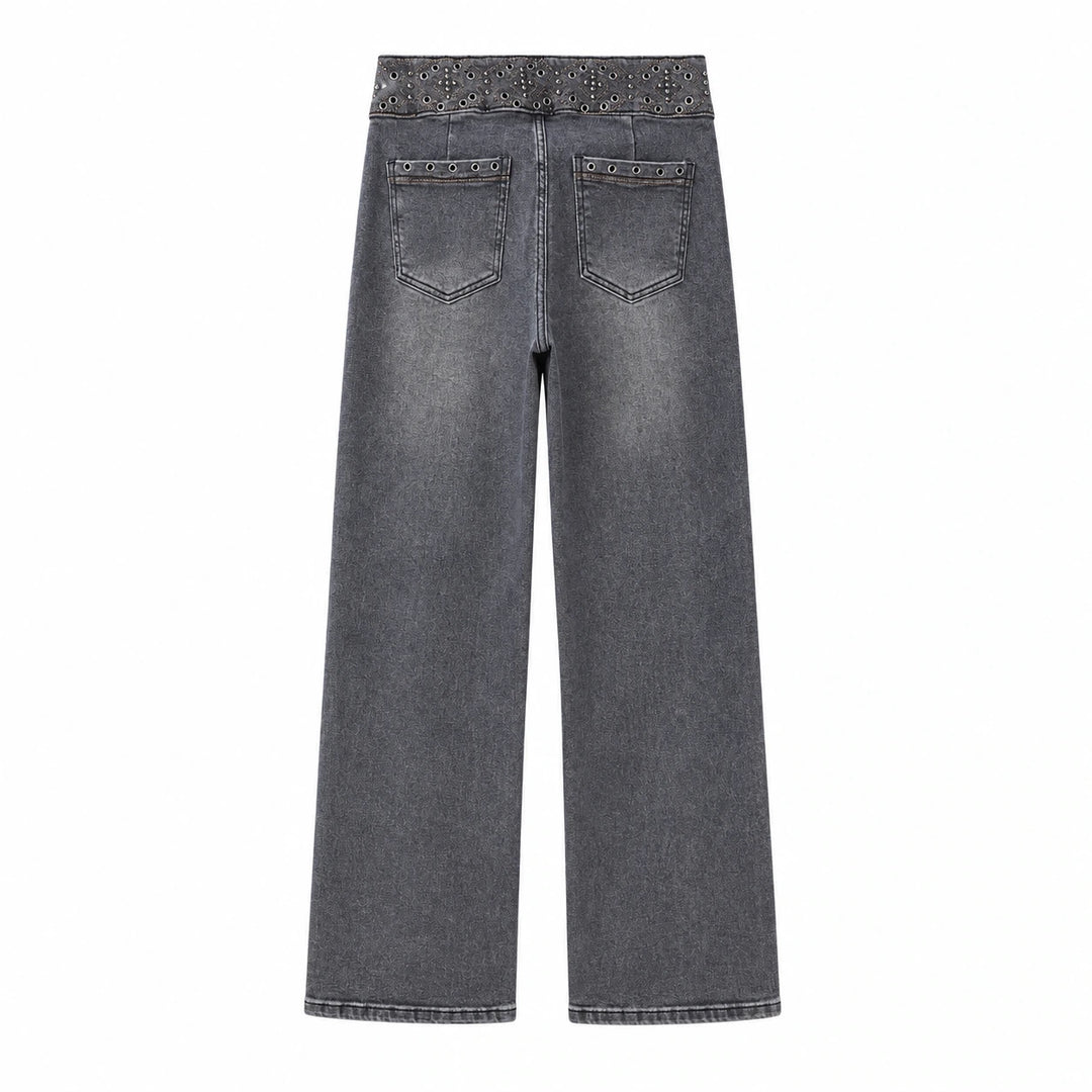 Jeans Rectos de Cintura Alta con Remaches y Bordados