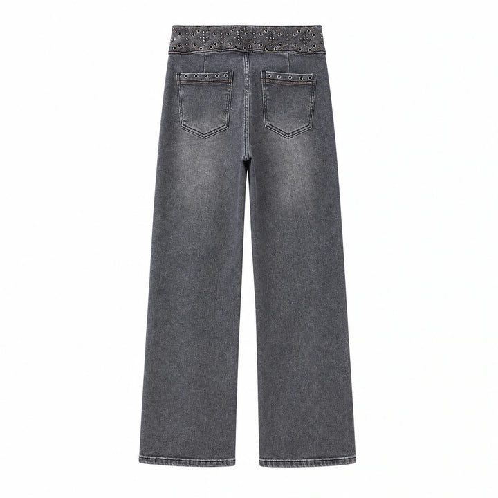 Jeans Rectos de Cintura Alta con Remaches y Bordados