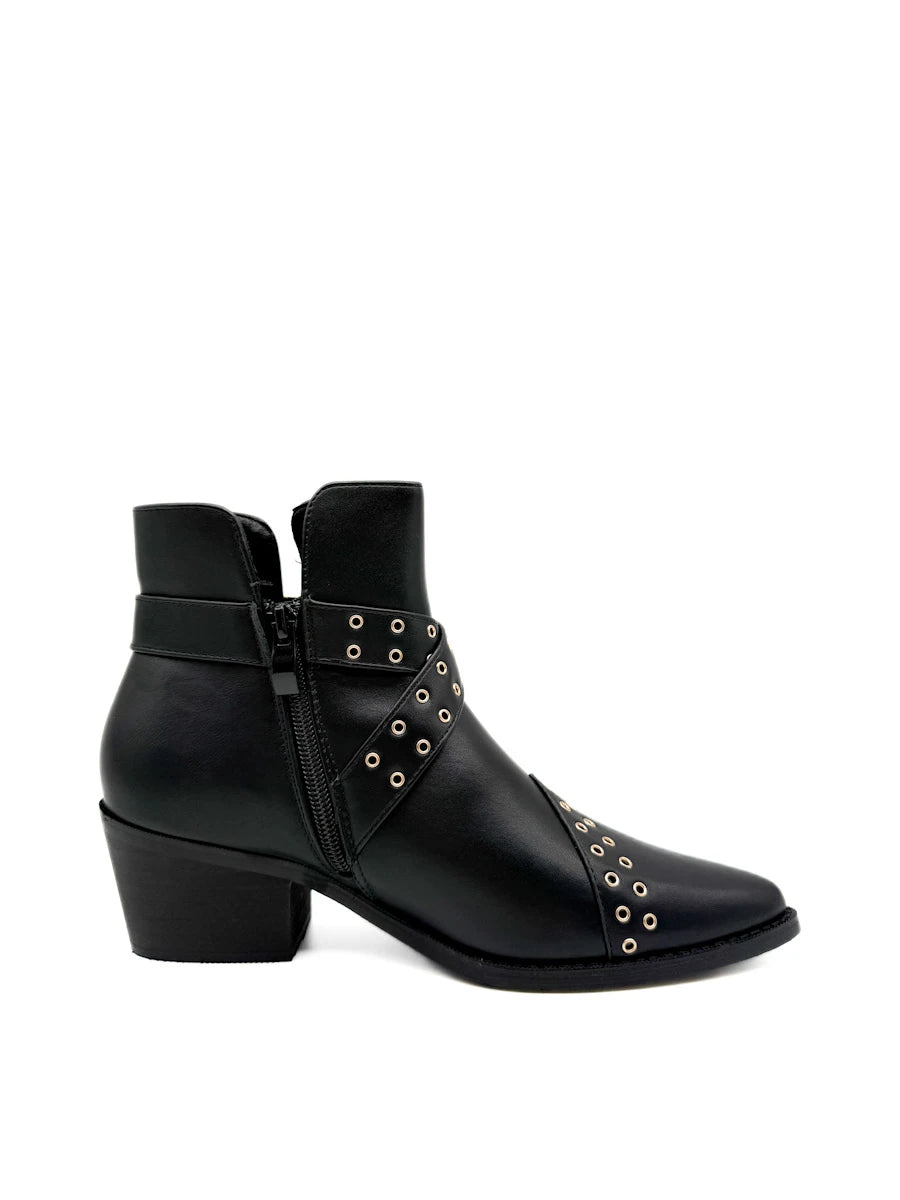 Botines Camperos de Mujer con Ojetes Metálicos y Hebilla - Tacón Ancho y Cremallera