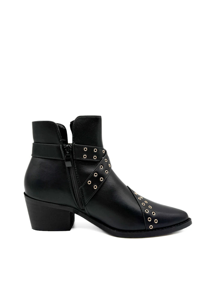 Botines Camperos de Mujer con Ojetes Metálicos y Hebilla - Tacón Ancho y Cremallera