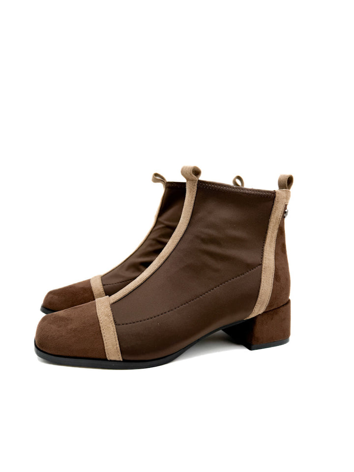 Botines Tacón Cuadrado Negras Texturizadas y Marrones Bicolor