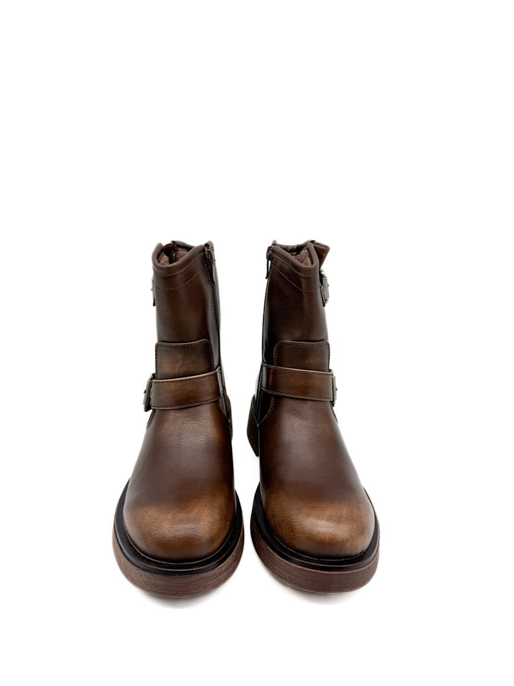 Botín Biker Marrón con Hebillas y Suela Track.