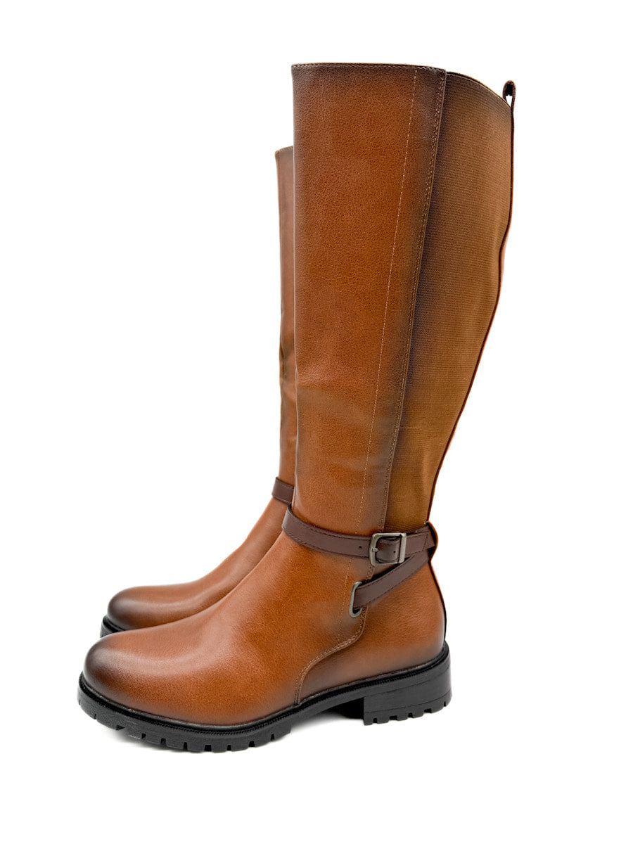 Botas de Caña Alta con Detalles Elásticos y Correa Ajustable.