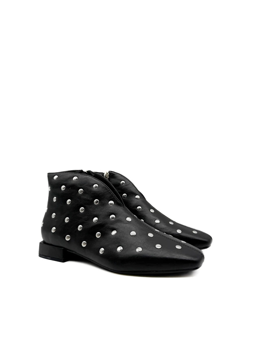 Botines Bajos de Mujer Negros con Tachuelas Plata, Puntera Cuadrada y Cremallera