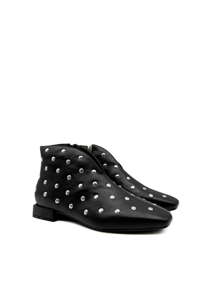 Botines Bajos de Mujer Negros con Tachuelas Plata, Puntera Cuadrada y Cremallera