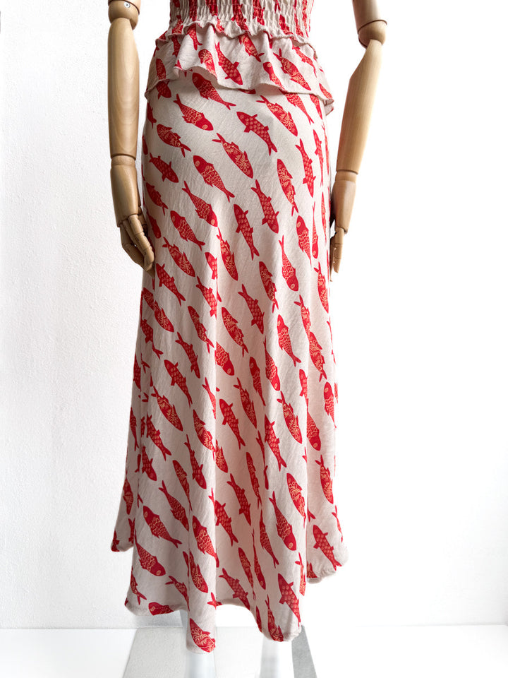 Conjunto Top y Falda Estampado de Peces – Disponible en Rojo y Beige