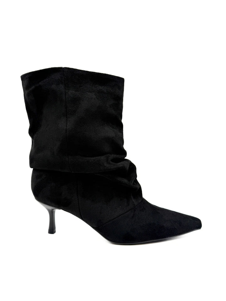 Botines Arrugados de Antelina para Mujer con Tacón Fino y Puntera Afilada