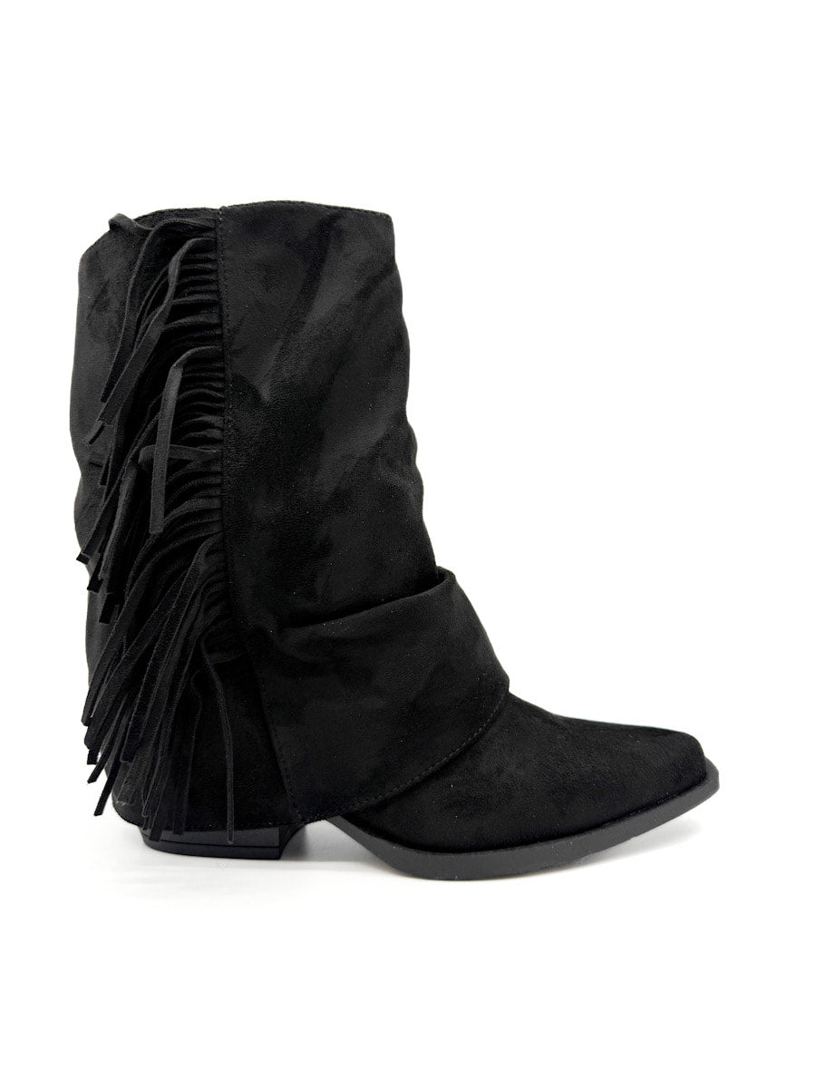 Botines Estilo de Cowboy Detalles Flecos Negro