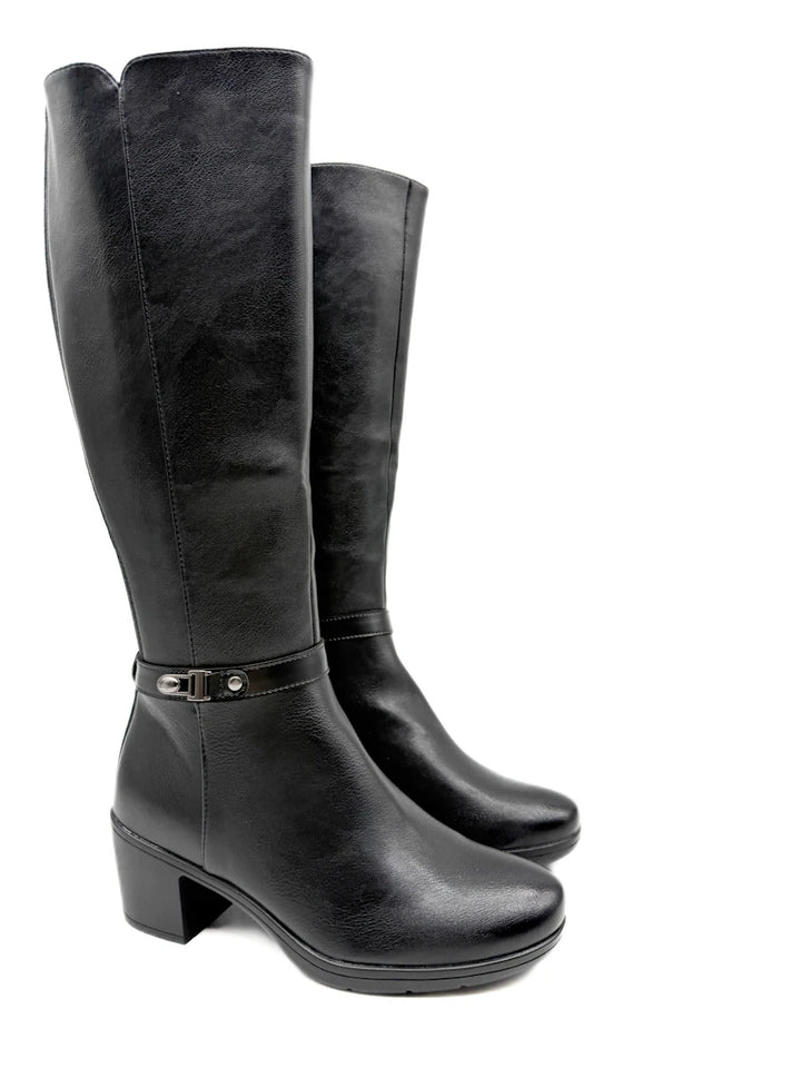 Botas Altas de Tacón Ancho con Caña Elástica y Hebilla