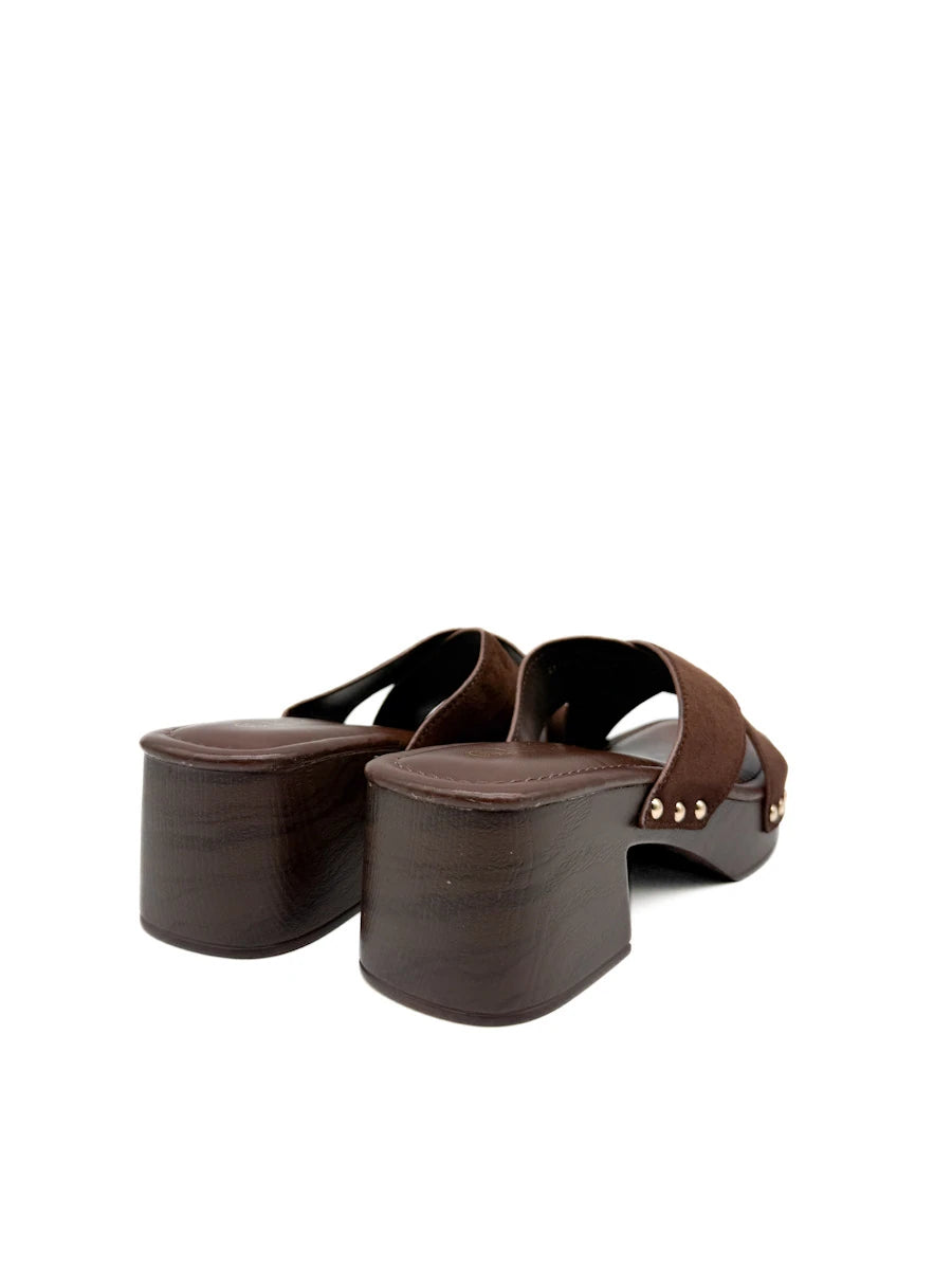 Sandalias Mule Zueco Tiras Cruzadas Antelina Efecto Madera