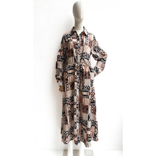 Vestido Camisero Largo Estampado Étnico Beige
