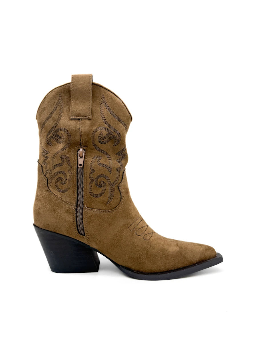 Botines Camperos Cortos Estilo Cowboy con Bordados y Cremallera Lateral