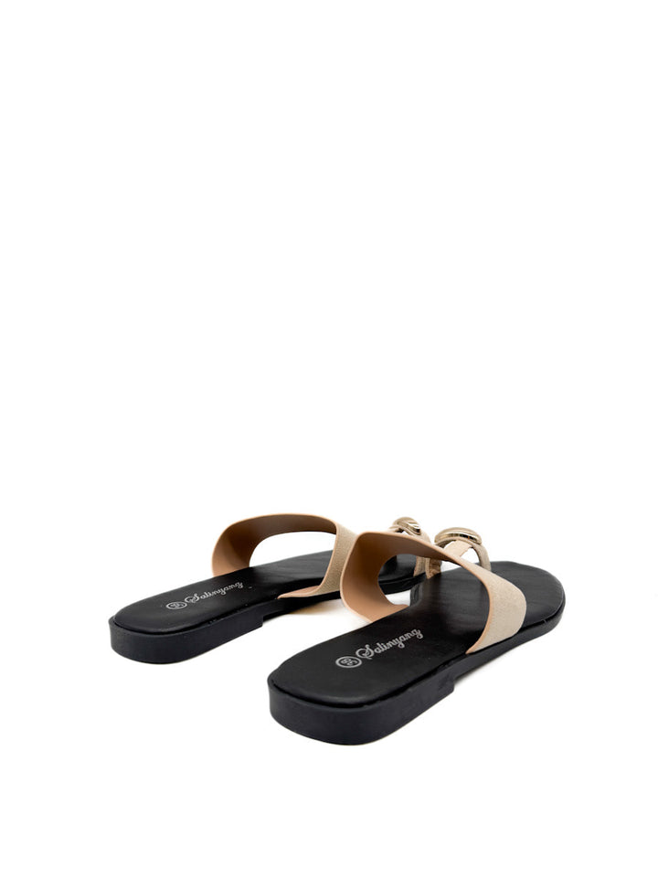 Sandalias Planas Antelina de Dedo con Detalle Dorado