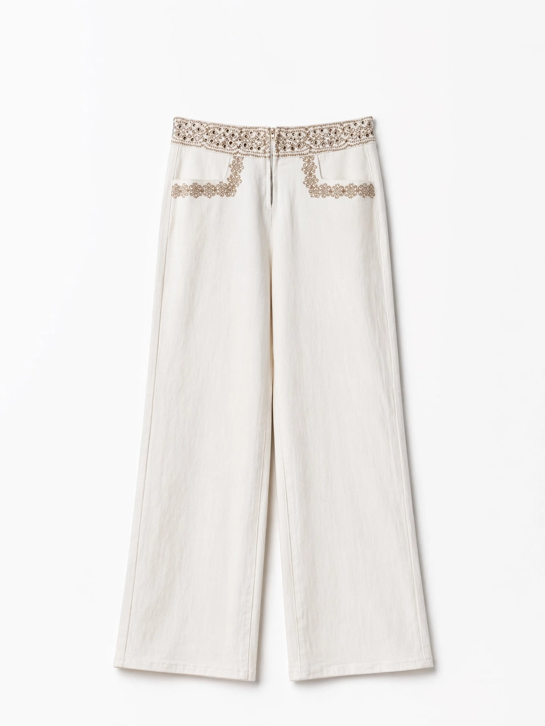 Pantalón Largo Recto con Bordado y Detalles de Ojales