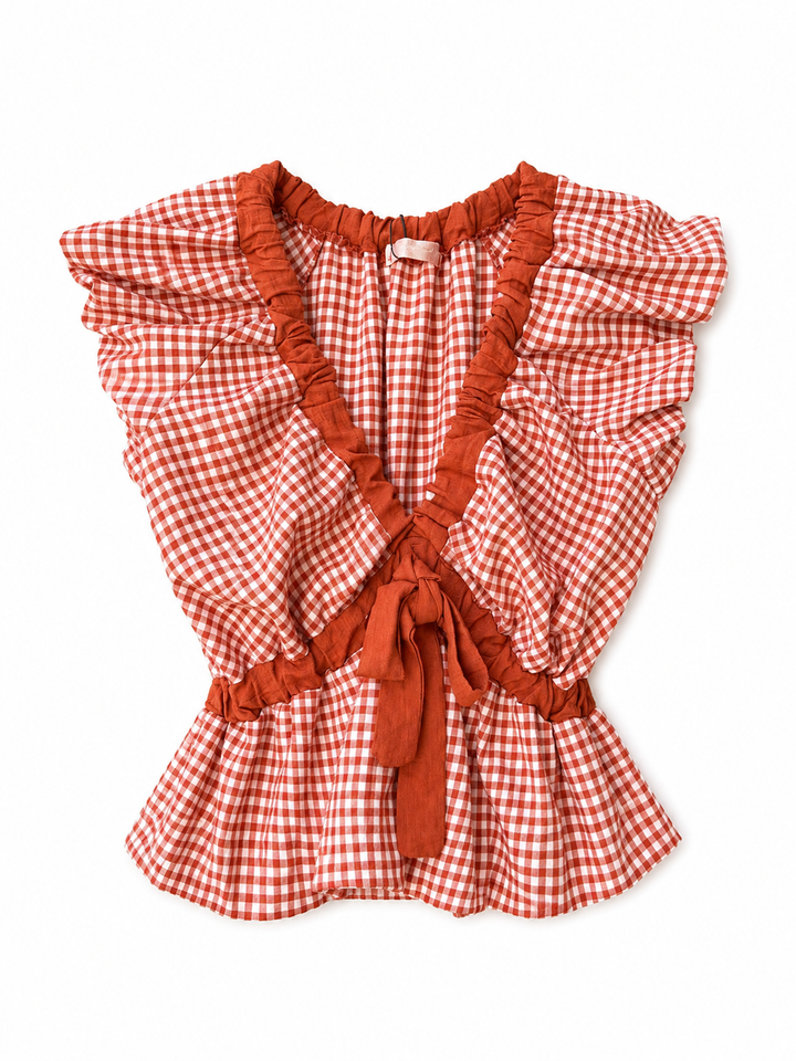 Blusa Vichy con Volantes y Espalda Abierta con Lazo