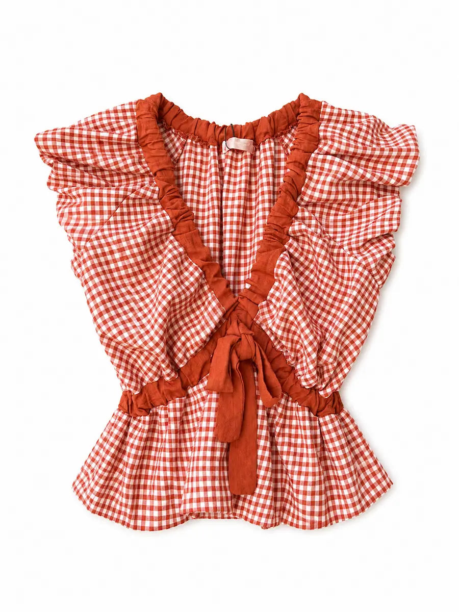 Blusa Vichy con Volantes y Espalda Abierta con Lazo