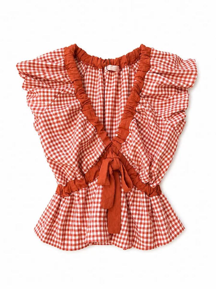 Blusa Vichy con Volantes y Espalda Abierta con Lazo