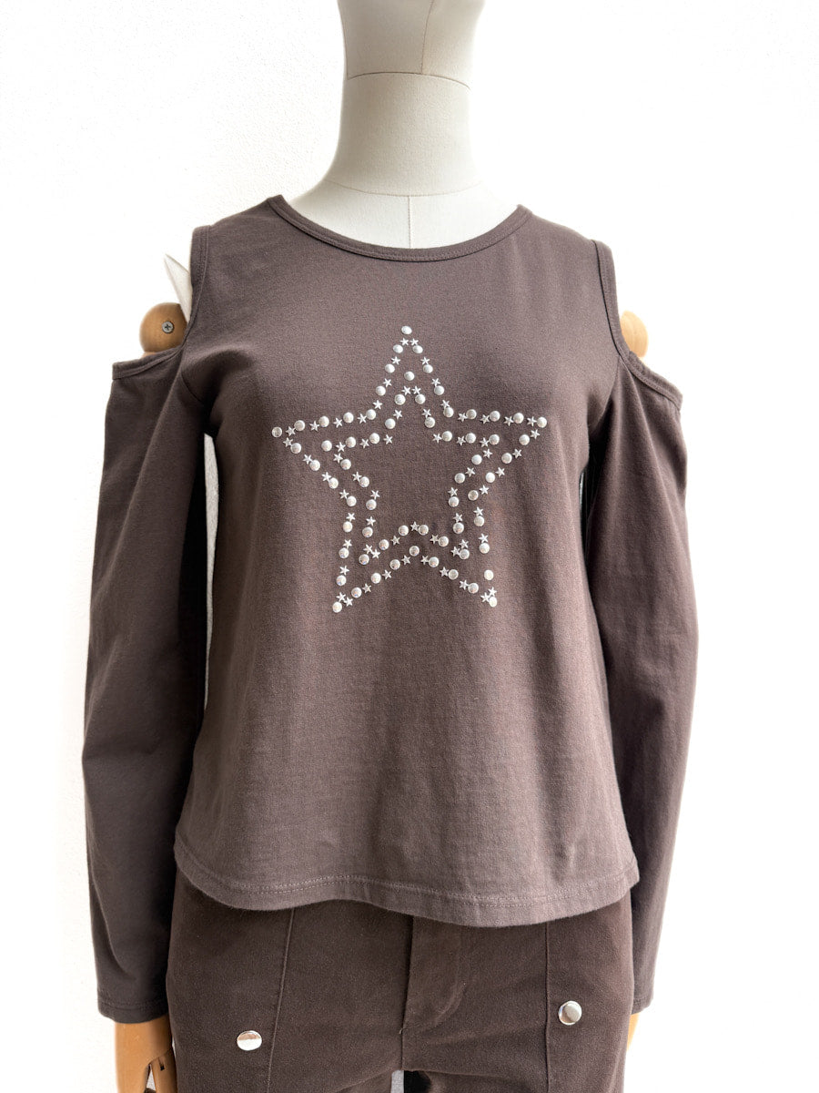 Camiseta con Hombros Descubiertos y Detalle Estrella Brillante