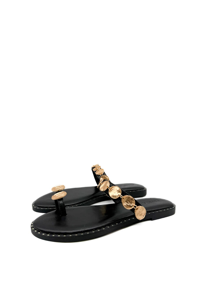 Sandalias Planas con Adorno de Monedas Doradas y Anillo al Dedo