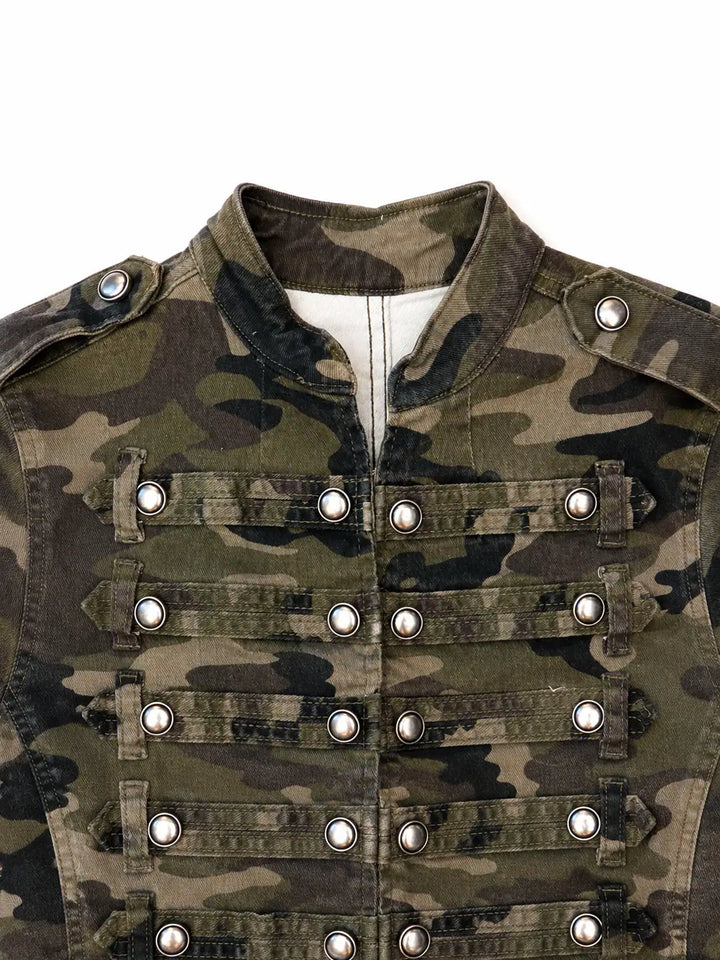Chaqueta Militar Mujer Camuflaje con Cuello Mao, Manga Larga y Detalles de Hebillas y Botones Metálicos