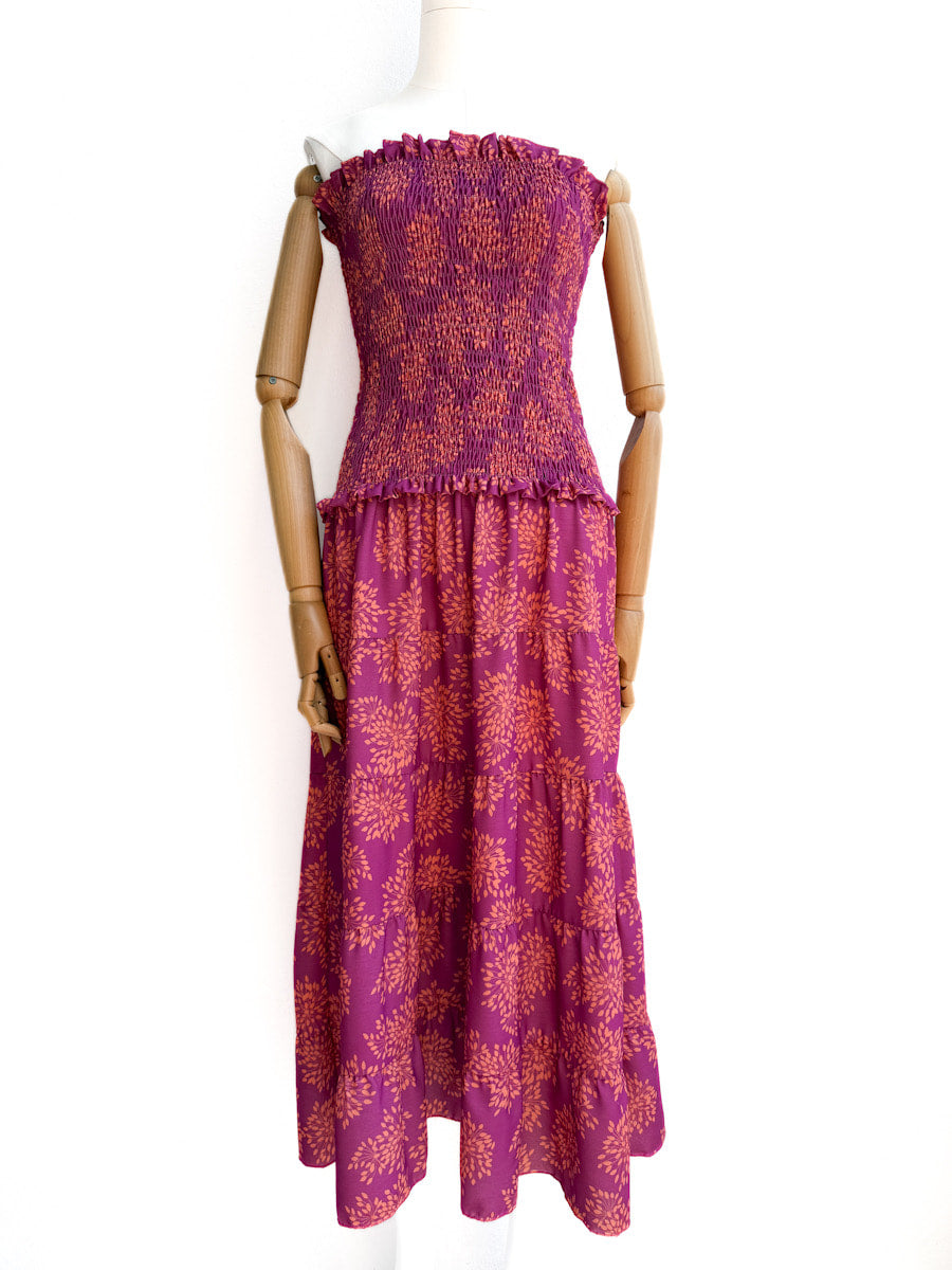 Vestido Floral con Nido de Abeja – Estilo Fresco y Versátil Fusicia Naranja-1 única