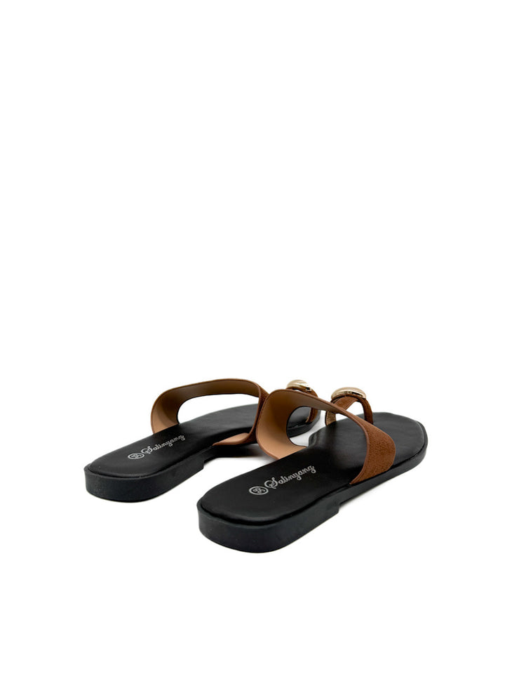 Sandalias Planas Antelina de Dedo con Detalle Dorado