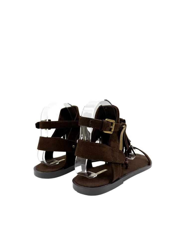 Sandalias Planas de Estilo Étnico Corina con Flecos, Cuentas de Madera y Cierre de Hebilla