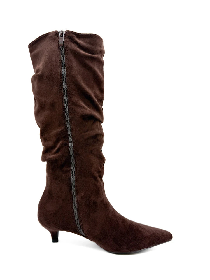 Botas Altas Fruncidas de Ante Sintético con Tacón Chupete y Puntera Fina