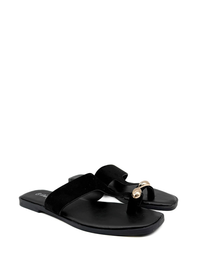 Sandalias Planas Antelina de Dedo con Detalle Dorado