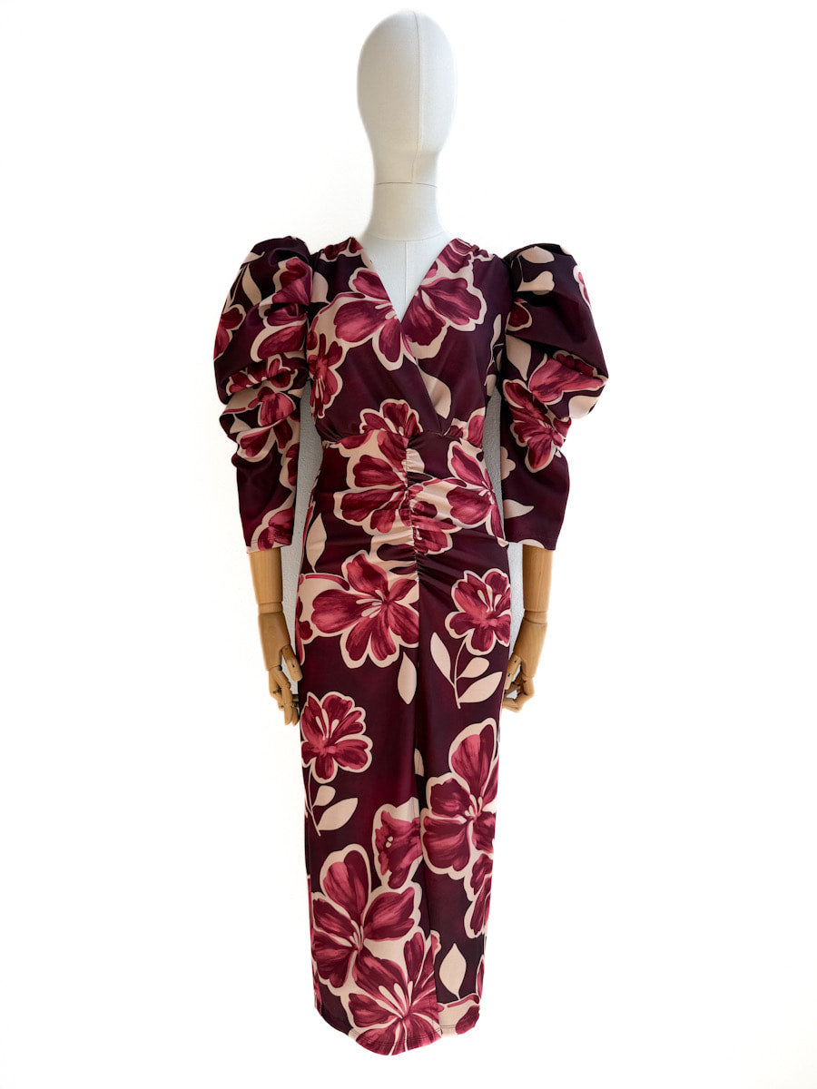 Vestido Elegante con Estampado Floral y Manga Abullonada
