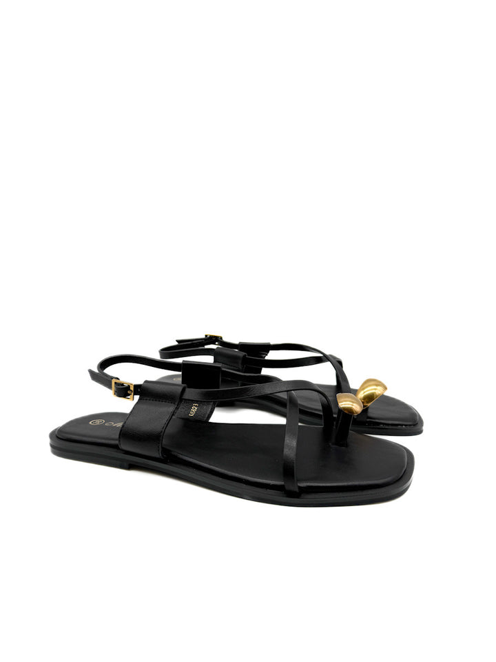 Sandalias Planas con Tira de Dedo y Adorno Dorado Escultural