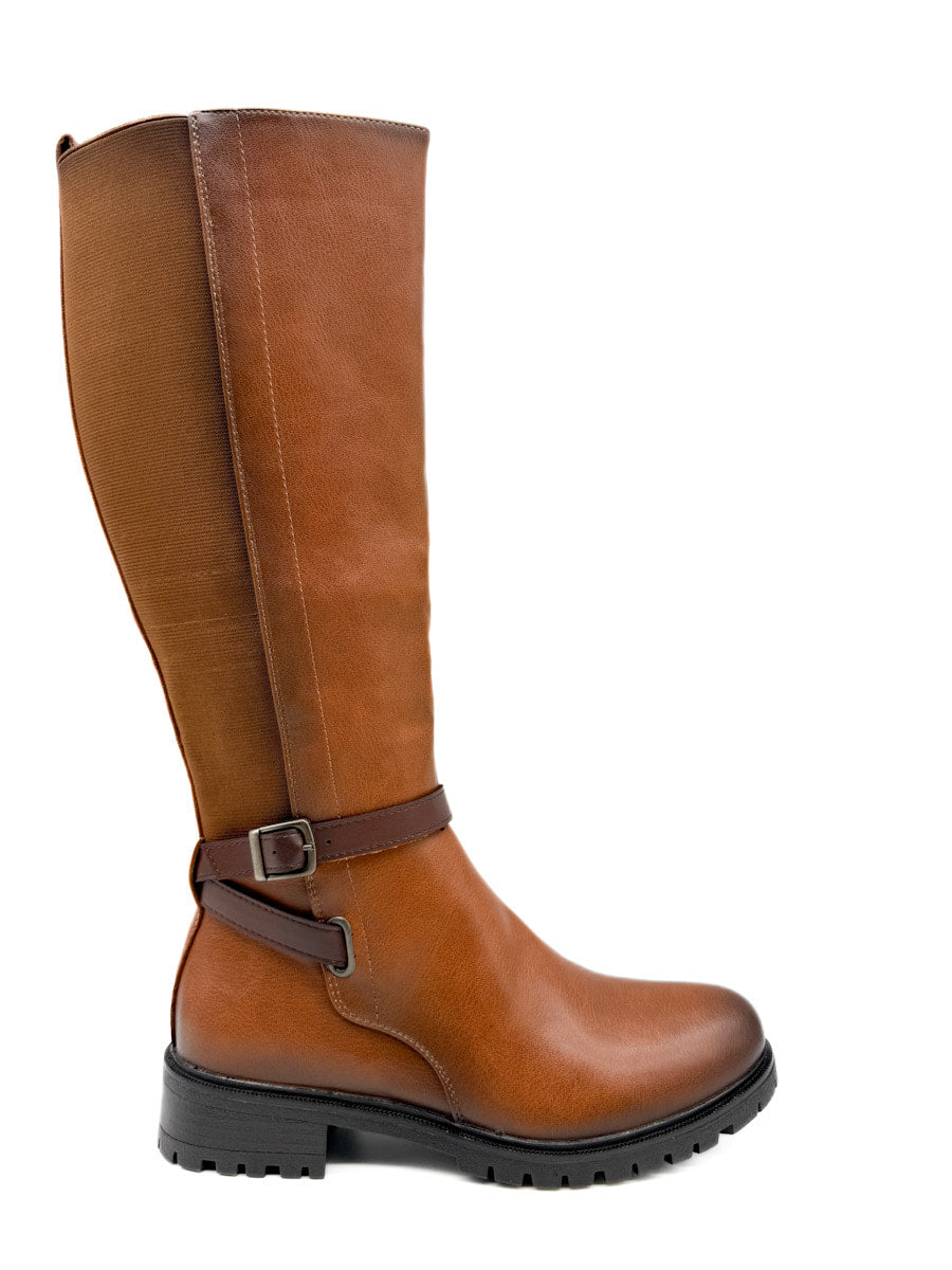 Botas de Caña Alta con Detalles Elásticos y Correa Ajustable. Cuero