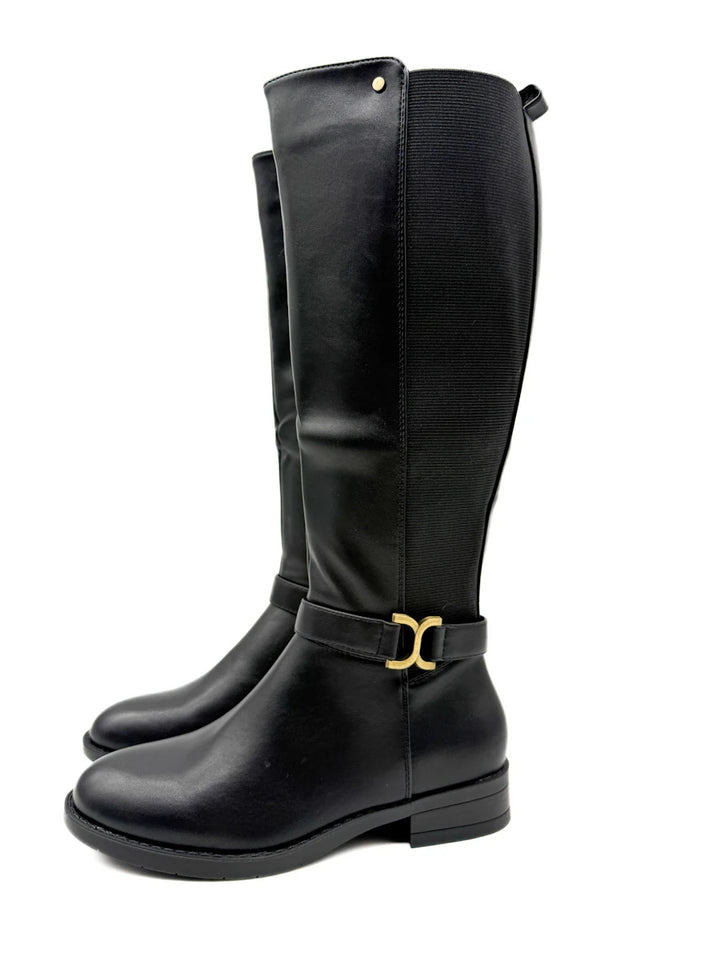Botas Altas de Piel Sintética con Caña Elástica y Adorno Metálico