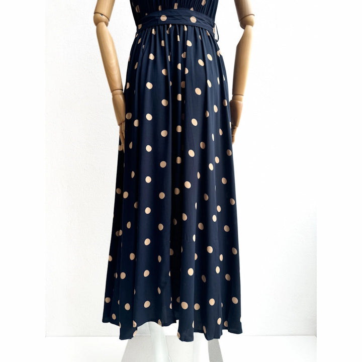 Vestido Largo Azul Marino con Lunares y Cinturón