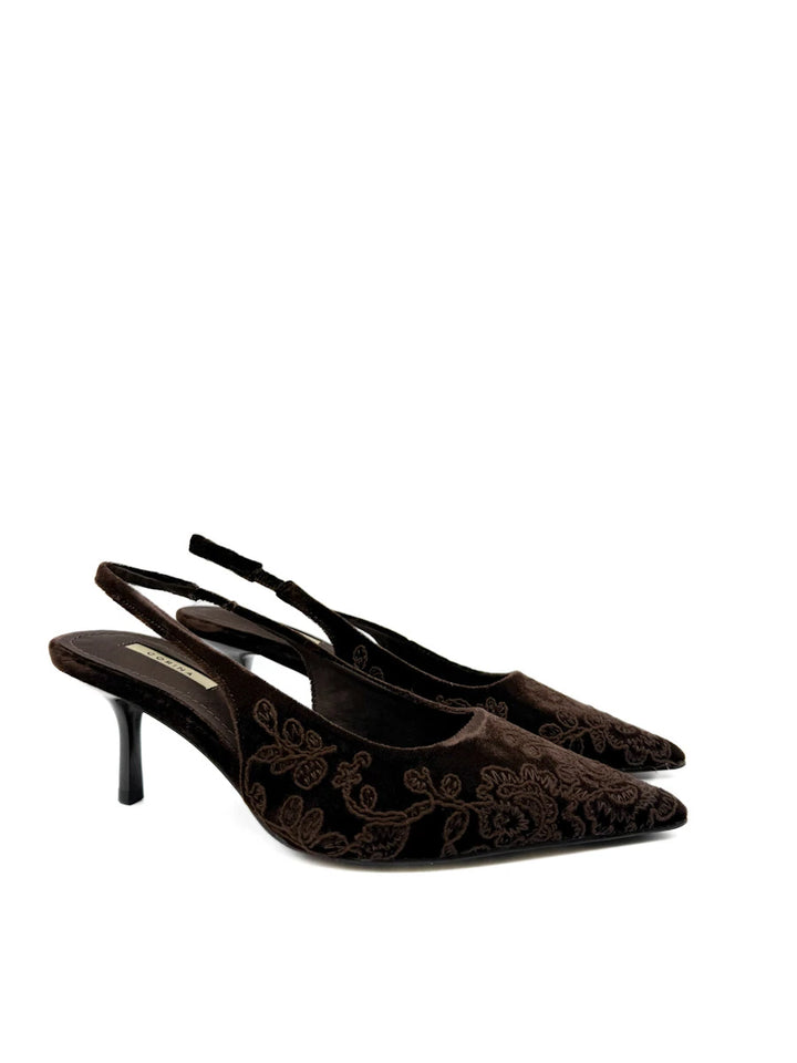 Corina Zapatos Destalonados de Terciopelo Bordado con Tacón Kitten