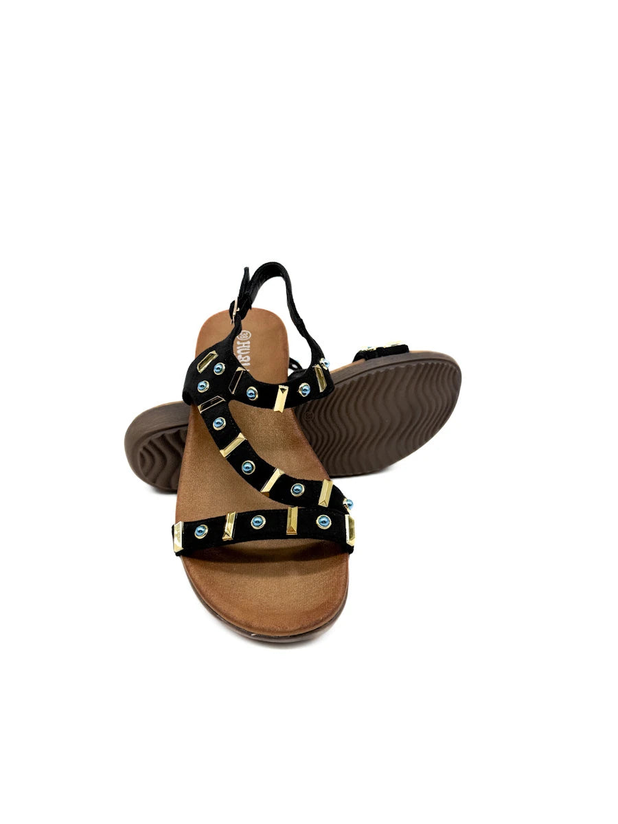 Sandalias Romanas Boho-Chic con Detalles de Pedrería Azul y Dorado