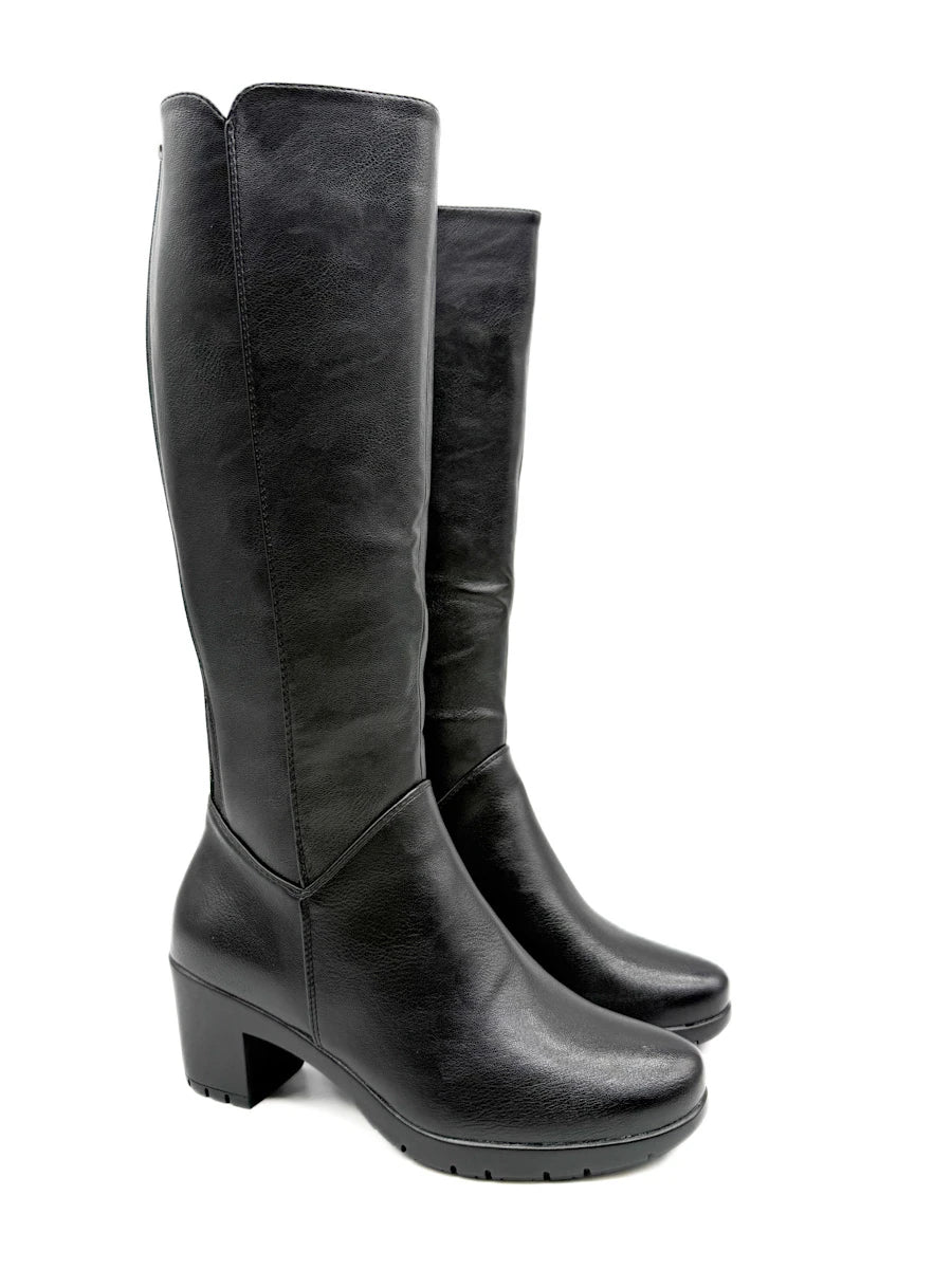 Botas Altas de Piel Sintética con Tacón Ancho y Panel Elástico Posterior