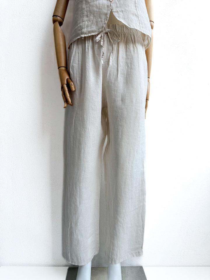 Pantalón de Lino con Cintura Elástica y Lazo Decorativo