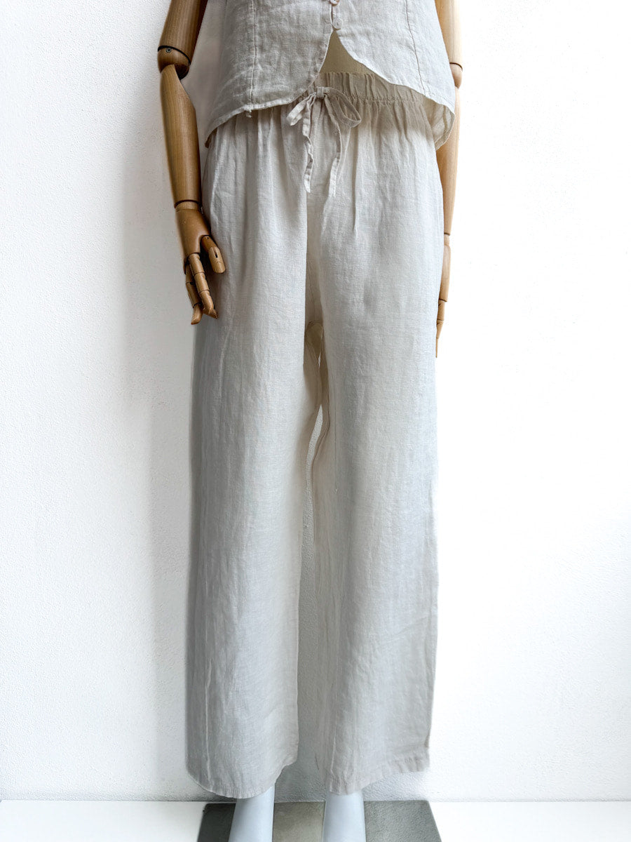 Pantalón de Lino con Cintura Elástica y Lazo Decorativo Beige única