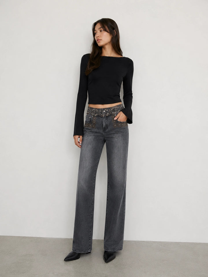 Jeans Rectos de Cintura Alta con Remaches y Bordados