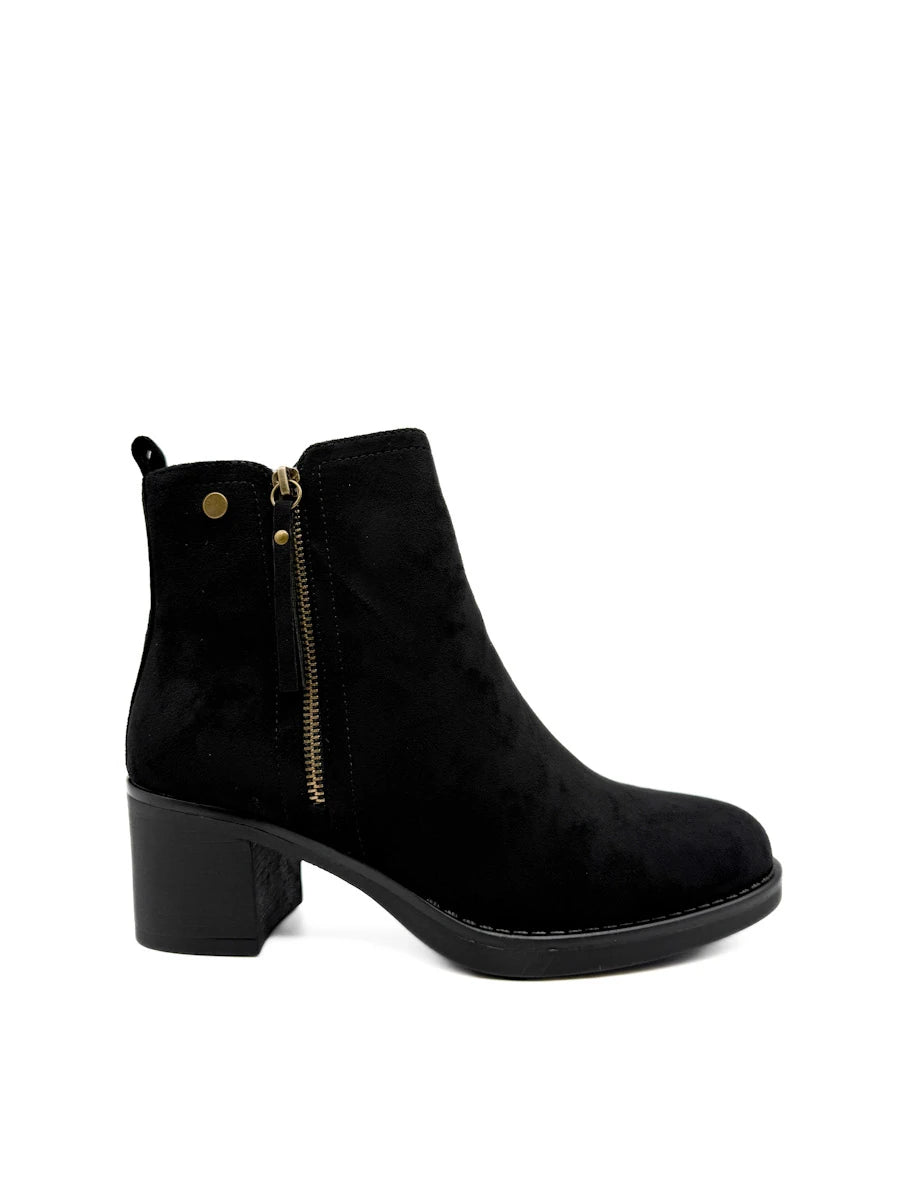 Botines de Ante para Mujer con Tacón Ancho y Cremallera Decorativa