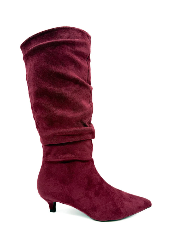 Botas Altas Fruncidas de Ante Sintético con Tacón Chupete y Puntera Fina