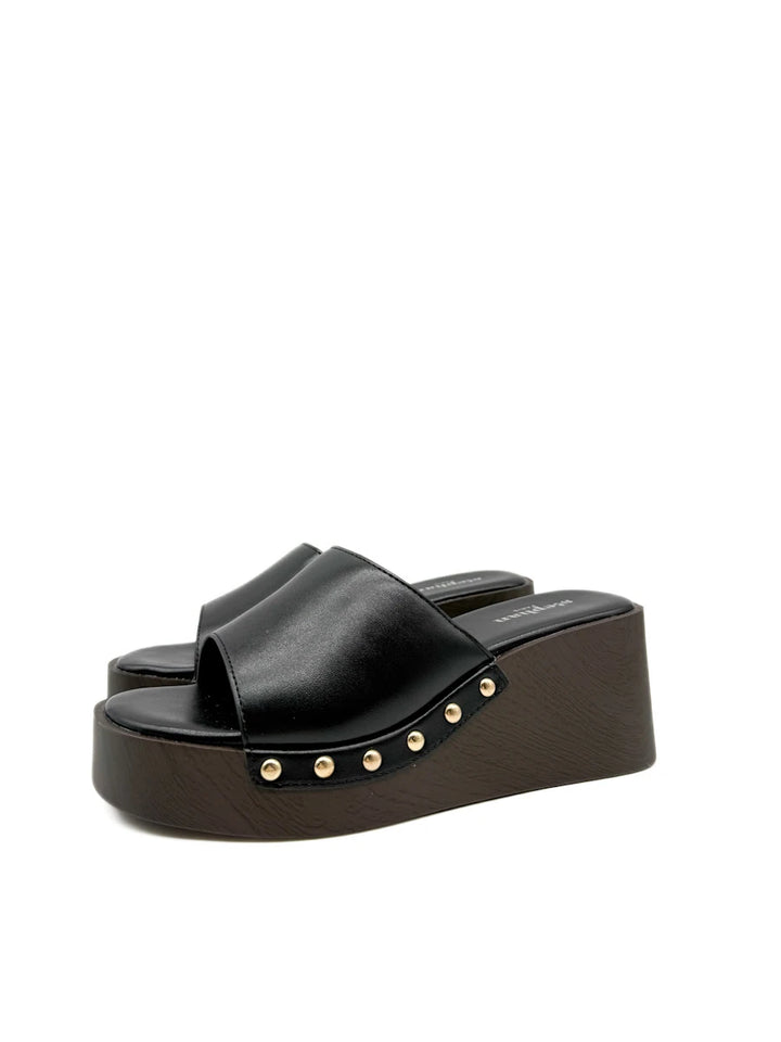 Sandalias de Cuña Tipo Zueco con Plataforma Efecto Madera y Tachuelas