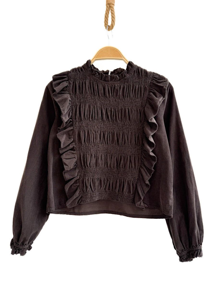 Blusa de Pana con Detalles Románticos Marrón única