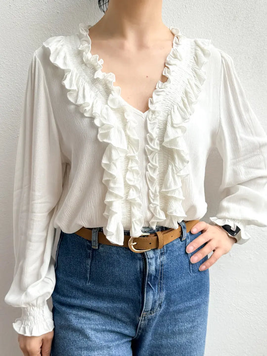 Blusa Blanca con Volantes y Escote Romántico Blanco